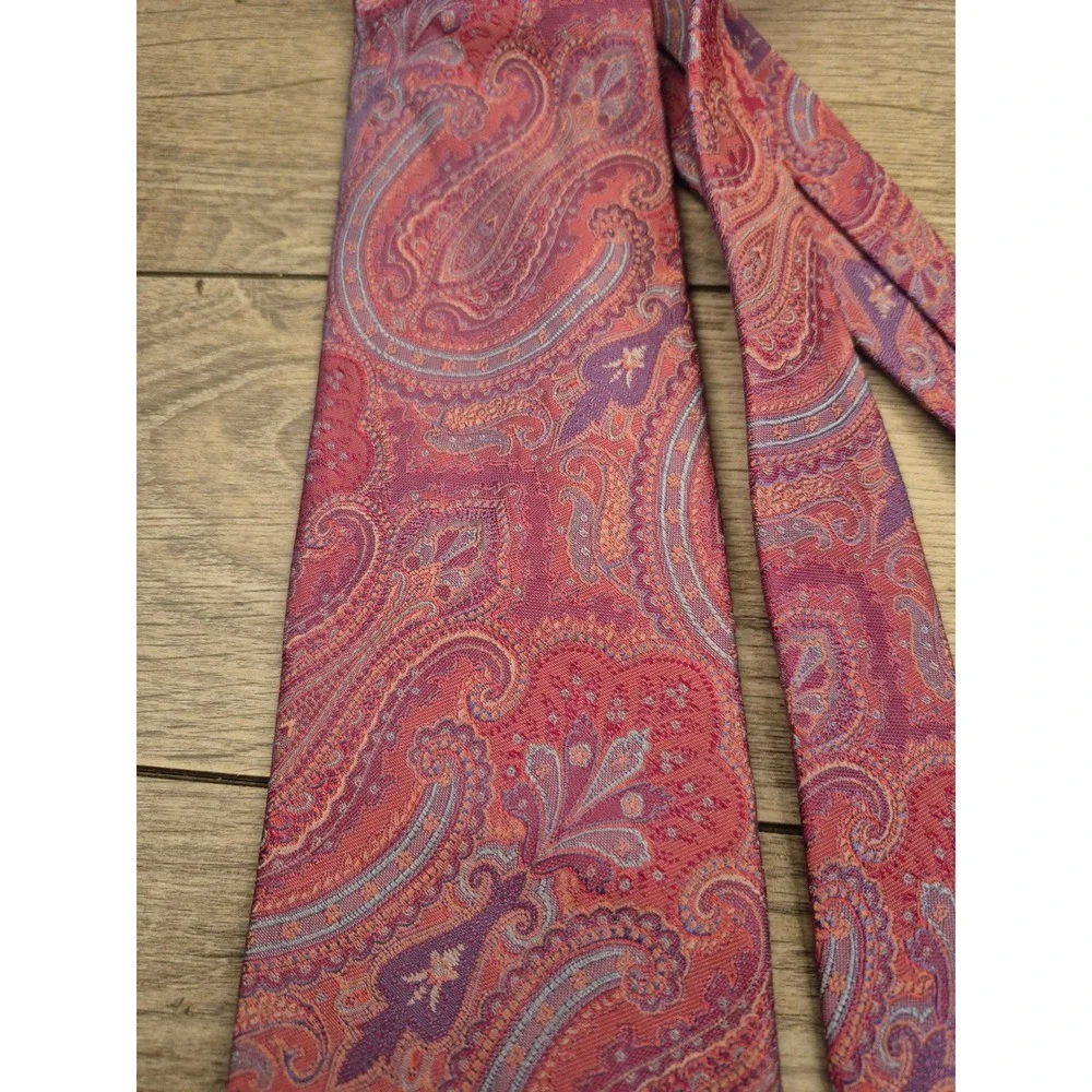 Ike Behar New York Mens Pink Purple Orange Paisley Abstract Woven Silk Tie EUC‎